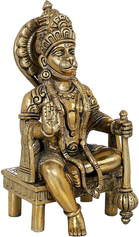 6" Hanuman Idol Seated on a Brass Chowki | Handmade | Made In India
