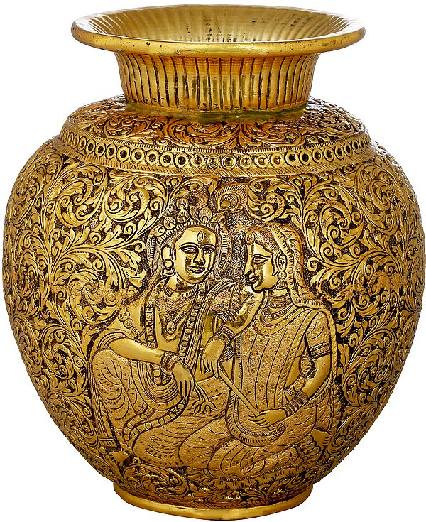 Hand Carved Pot With Figures of Radha Krishna on Both Sides