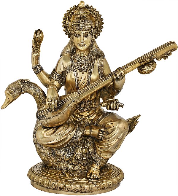 24" Veena-Vadini Devi Saraswati Seated on Her Swan In Brass | Handmade | Made In India