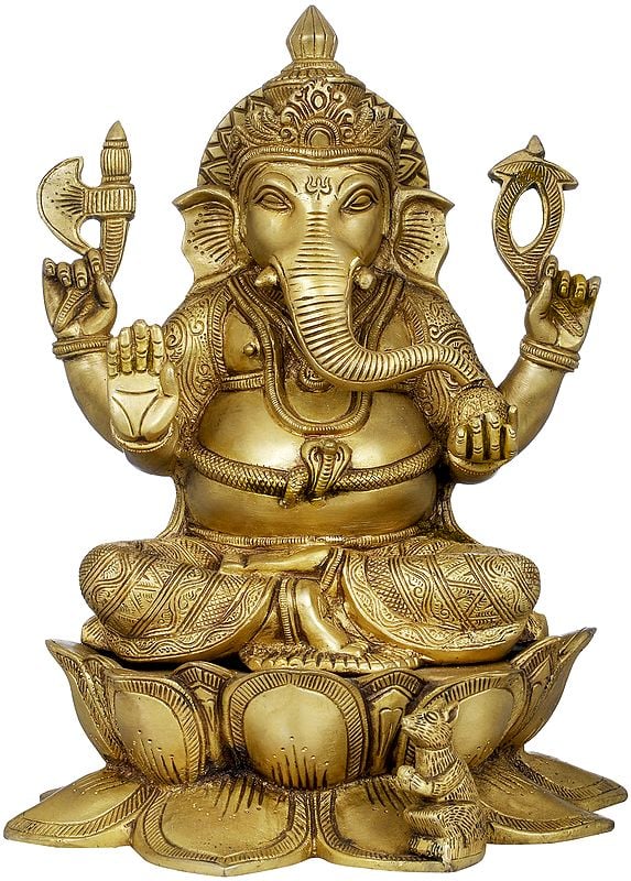 13" Lord Ganesha Seated on Lotus In Brass | Handmade | Made In India