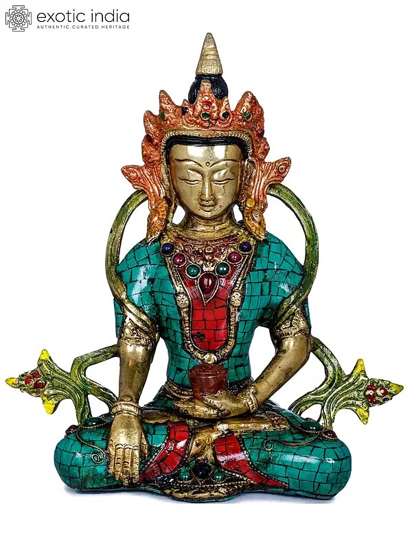 7" Tibetan Buddhist Crowned Buddha In Brass | Handmade | Made In India