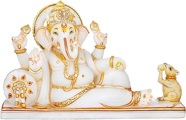 White Marble Relaxing Ganesha With Cushion