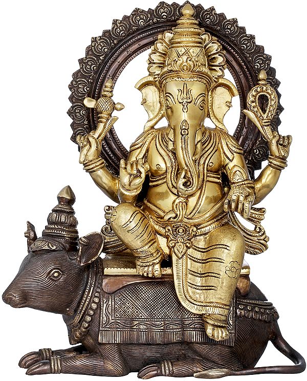 16" Crowned Ganesha Seated On His Mouse In Brass | Handmade | Made In India