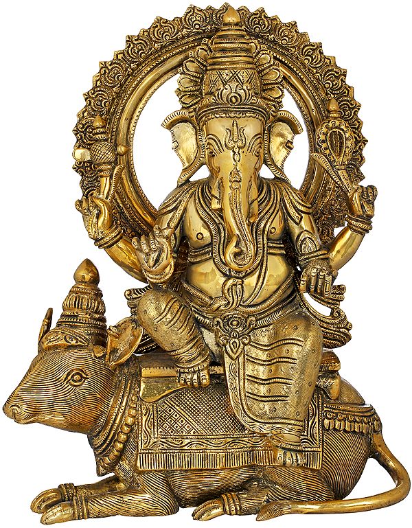 16" Crowned Ganesha Seated On His Mouse In Brass | Handmade | Made In India