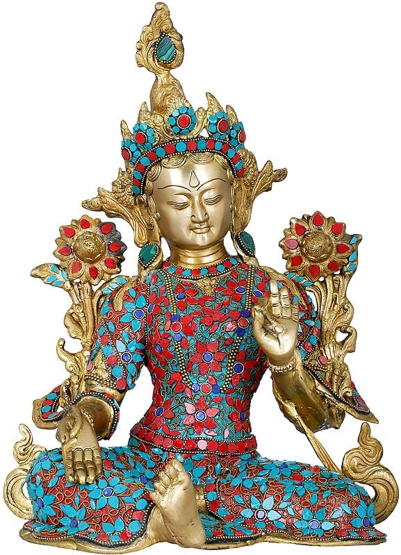 15" Saviour Goddess Green Tara - Tibetan Buddhist In Brass | Handmade | Made In India