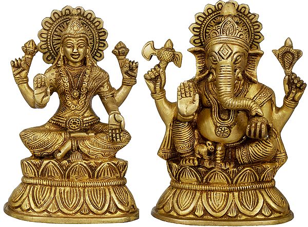 5" Lakshmi Ganesha Sculpture in Brass | Handmade | Made in India