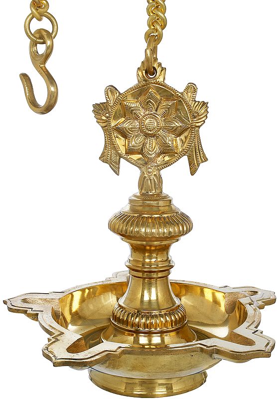 9" Roof Hanging Lamp with Vaishnava Symbols in Brass | Handmade | Made in India