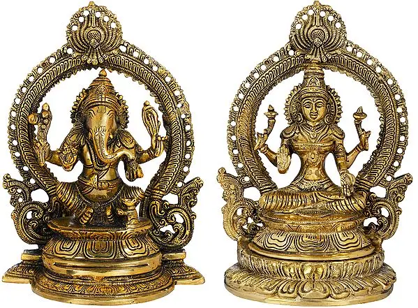 11" Ganesha Lakshmi  - The God and Goddess of Fortune In Brass | Handmade | Made In India
