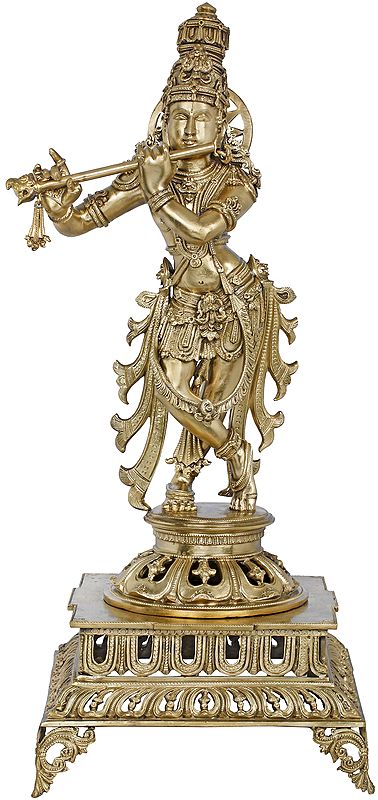 Superfine Bronze Krishna On a Lotus Pedestal - Large Size