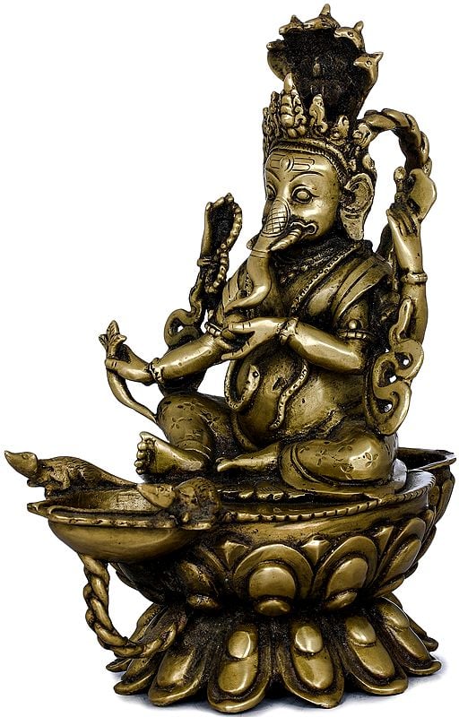 Lord Ganesha Lamp with Five-Hooded Serpent Handle and Oil Bowl Base