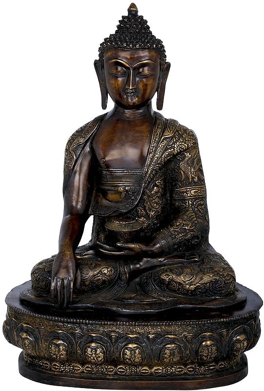 21" Lord Buddha Seated On Lotus Seat Wearing an Extensively Carved Robe - Tibetan Buddhist In Brass | Handmade | Made In India