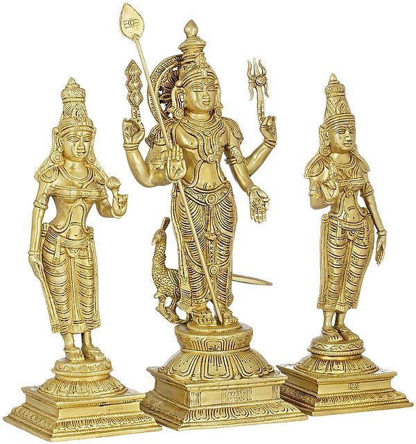 18" Karttikeya (Murugan) With Devasena And Valli In Brass | Handmade | Made In India