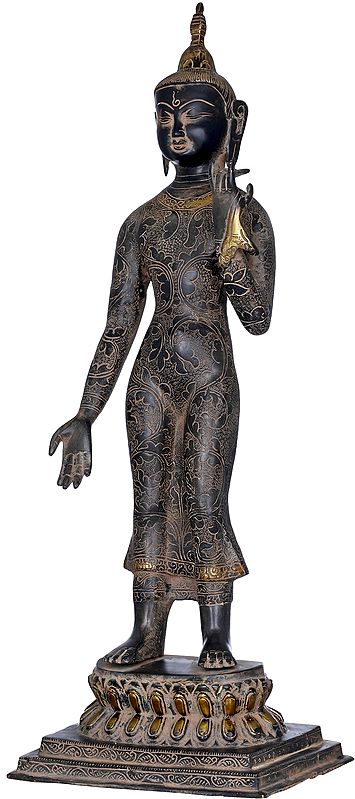 22" Tibetan Buddhist Standing Buddha In Brass | Handmade | Made In India