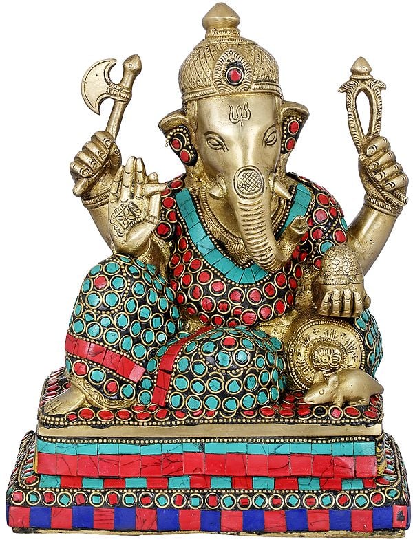 8" Inlay Relaxing Ganesha In Brass | Handmade | Made In India