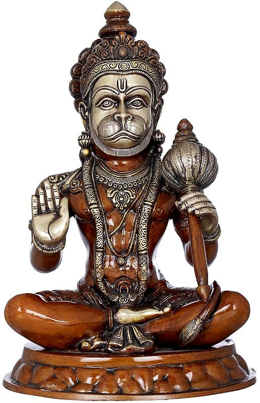 15" Seated Hanuman Holding a Gada (Mace) In Brass | Handmade | Made In India