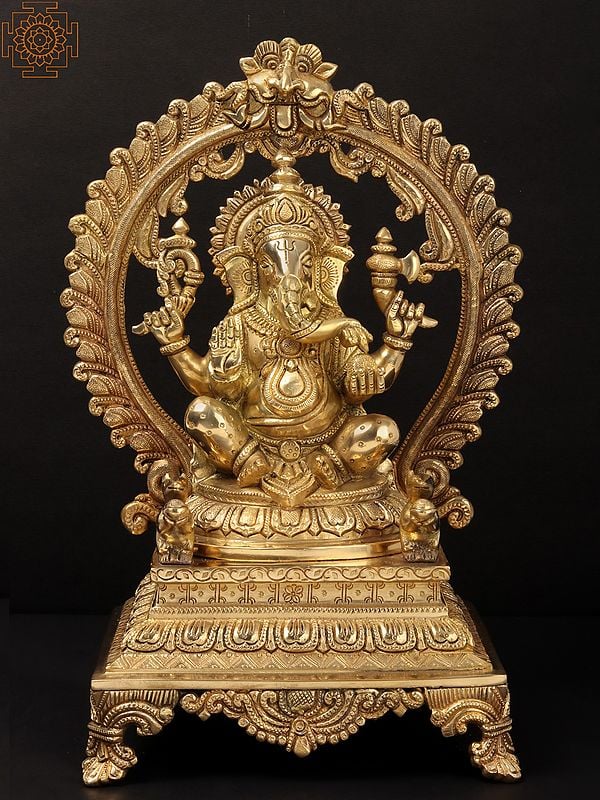 15" Seated Ganesha Seated on Prabhawali Throne In Brass | Handmade | Made In India