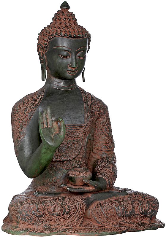 16" Seated Lord Buddha, His Robe is Fully Carved With Symbols and Figures (Tibetan Buddhist) In Brass | Handmade | Made In India