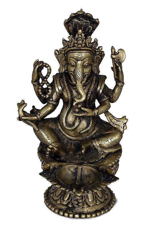 Lord Ganesha Lamp with Five-Hooded Serpent Handle and Oil Bowl Lotus Base