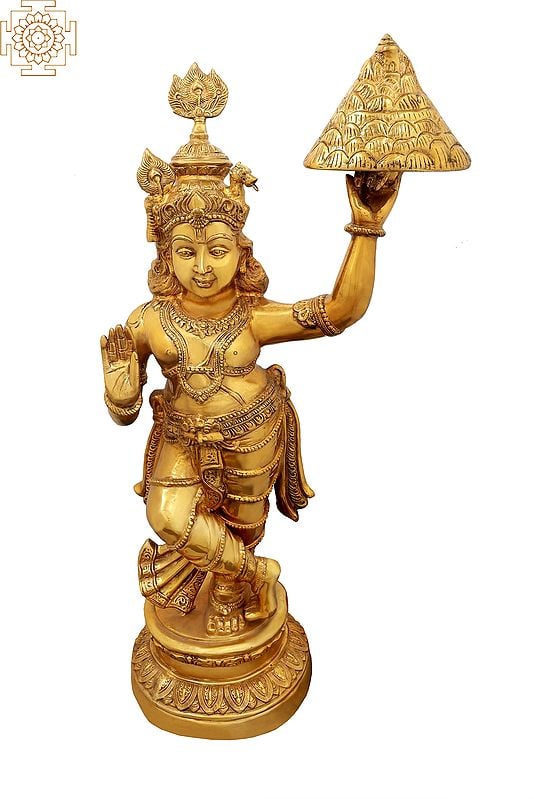 47" Shri Krishna Lifting the Govardhana  Mountain  - Large Size In Brass | Handmade | Made In India