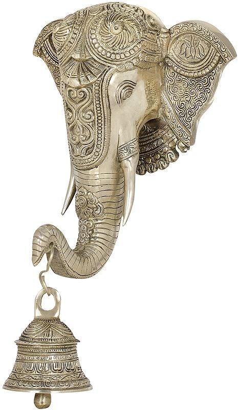 15" Embellished Mask of Shri Ganesha with Bell- Wall Hanging In Brass | Handmade | Made In India