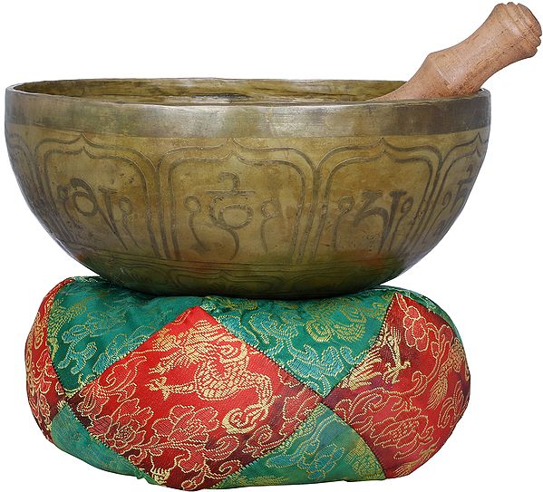 Tibetan Buddhist Singing Bowl with Image of Lord Buddha in Dharmachakra Mudra - Made in Nepal