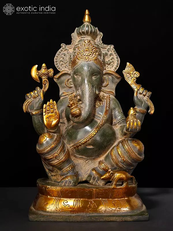 15" Chaturbhuja Ashirwad Ganesha Wearing a Majestic Crown In Brass | Handmade | Made In India