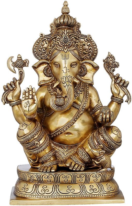 15" Chaturbhuja Ashirwad Ganesha Wearing a Majestic Crown In Brass | Handmade | Made In India
