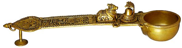 23" Brass Large Size Ritual Spoon (Uddharani) with Figures of Nandi and Shiva Linga | Handmade