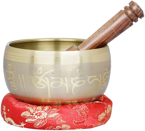 4" Brass Singing Bowl Carved with Auspicious Mantras and Five Dhyani Buddhas | Handmade