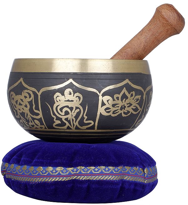 4" Golden Black Ashtamangala Singing Bowl in Brass | Handmade | Made in India