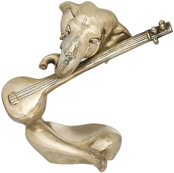 9" Stylized Sitar Ganesha In Brass | Handmade | Made In India