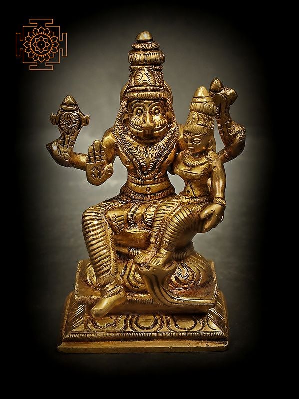 4" Bhagawan Narasimha Idol with Devi Lakshmi in Brass | Handmade | Made in India