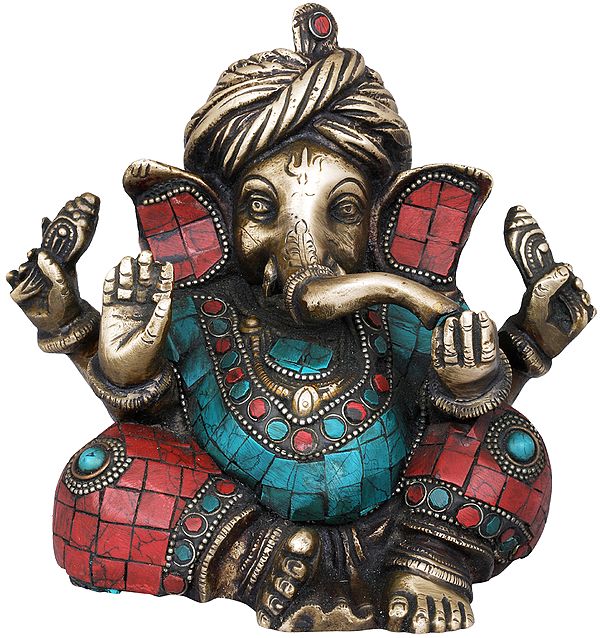 5" Inlay Ashirwad Ganesha Statue in Brass | Handmade | Made in India