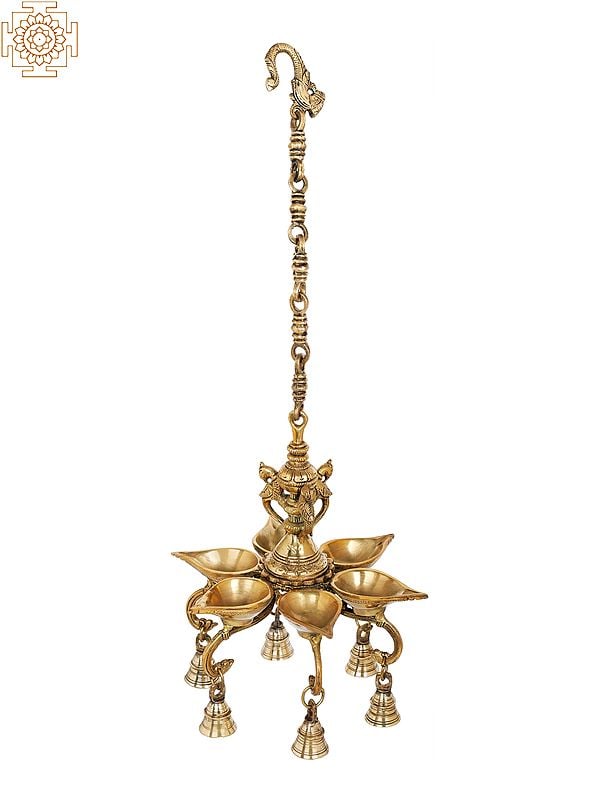 10" Roof Hanging Six Wicks Lamp with Bells in Brass | Handmade | Made in India