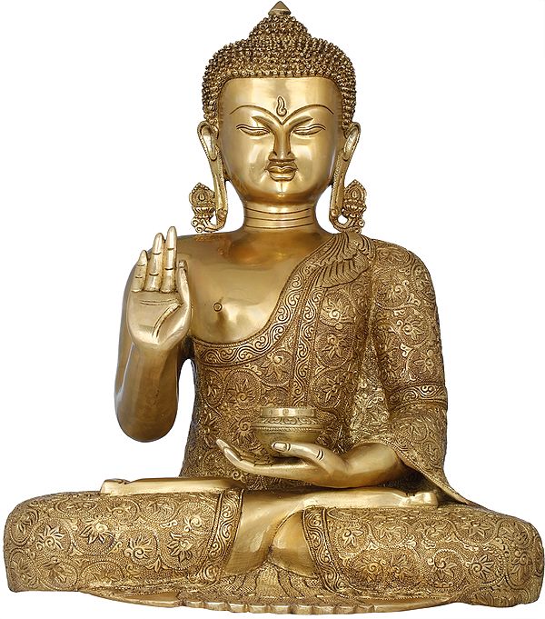 17" Tibetan Buddhist Preaching Buddha in Carved Robe In Brass | Handmade | Made In India
