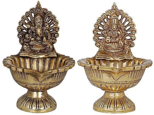 6" Lakshmi Ganesha Lamp In Brass | Handmade | Made In India