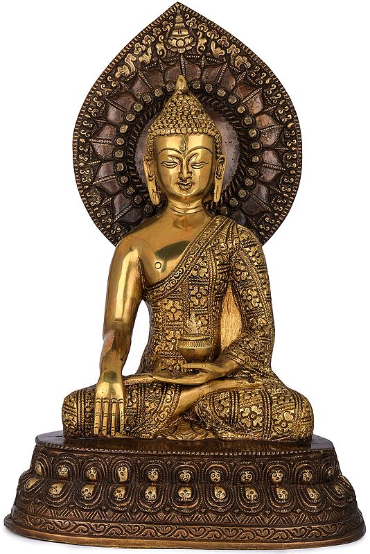 13" Shakyamuni Buddha with Large Lotus Petals Aureole - Tibetan Buddhist In Brass | Handmade | Made In India