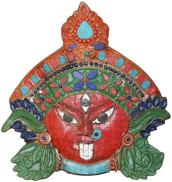 11" Goddess Kali Inlay Mask - Wall Hanging In Brass | Handmade | Made In India