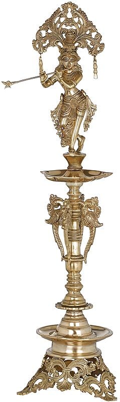 28" Large Lord Krishna Lamp | South Indian Brass | Handmade | Made In India