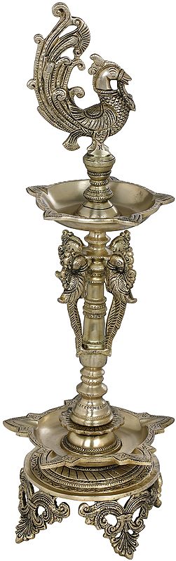 23" Peacock Puja Lamp In Brass | Handmade | Made In India
