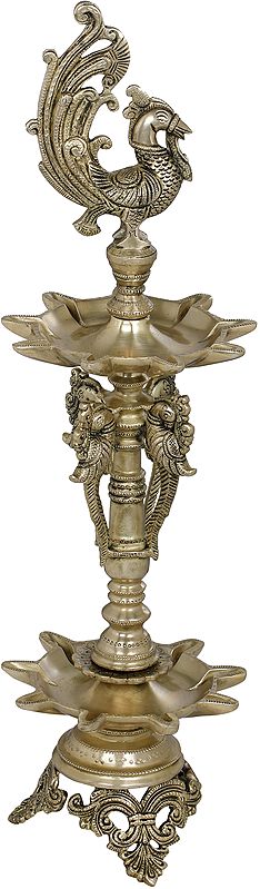 23" Auspicious Peacock Lamps In Brass | Handmade | Made In India
