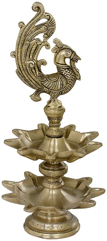 14" Double Layer Wicks Peacock Lamp In Brass | Handmade | Made In India