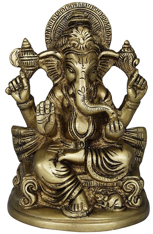 5" Throne Ganesha Sculpture in Brass | Handmade | Made in India