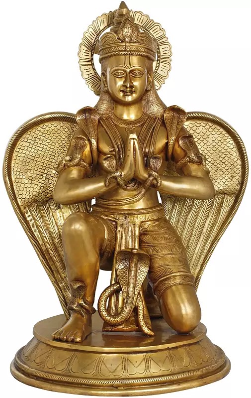 32" Large Namaste Garuda Adorned with Snakes in Brass