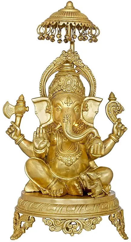 20" Ganesha Seated on Royal Chowki with Parasol In Brass | Handmade | Made In India