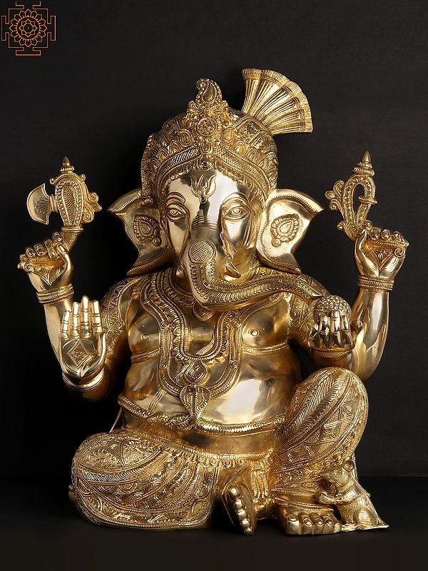 21" Beturbaned Lord Ganesha, Seated On The Floor In Brass | Handmade | Made In India