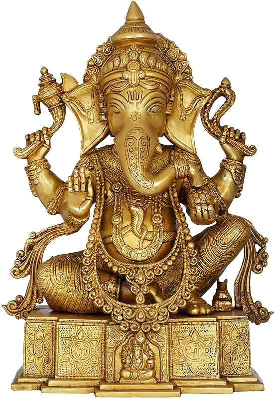 18" Blessing Lord Ganesha on OM Shri Base In Brass | Handmade | Made In India