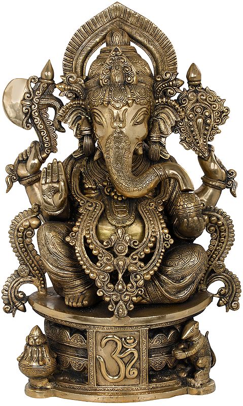 23" Bejewelled Shri Ganesha Seated on OM Base In Brass | Handmade | Made In India