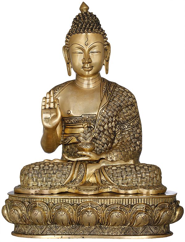 22" Padamasana Lord Buddha Clad In A Superbly Woven Robe In Brass | Handmade | Made In India