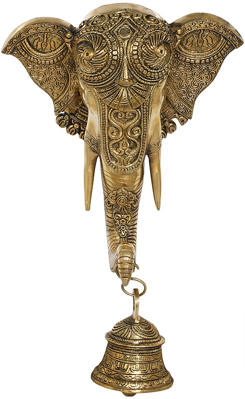 16" Embellished Wall Hanging Mask of Ganesha with Bell In Brass | Handmade | Made In India